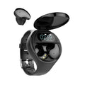 Black Bluetooth headset and smart bracelet combo watch with detachable TWS earbuds on a charging cable.