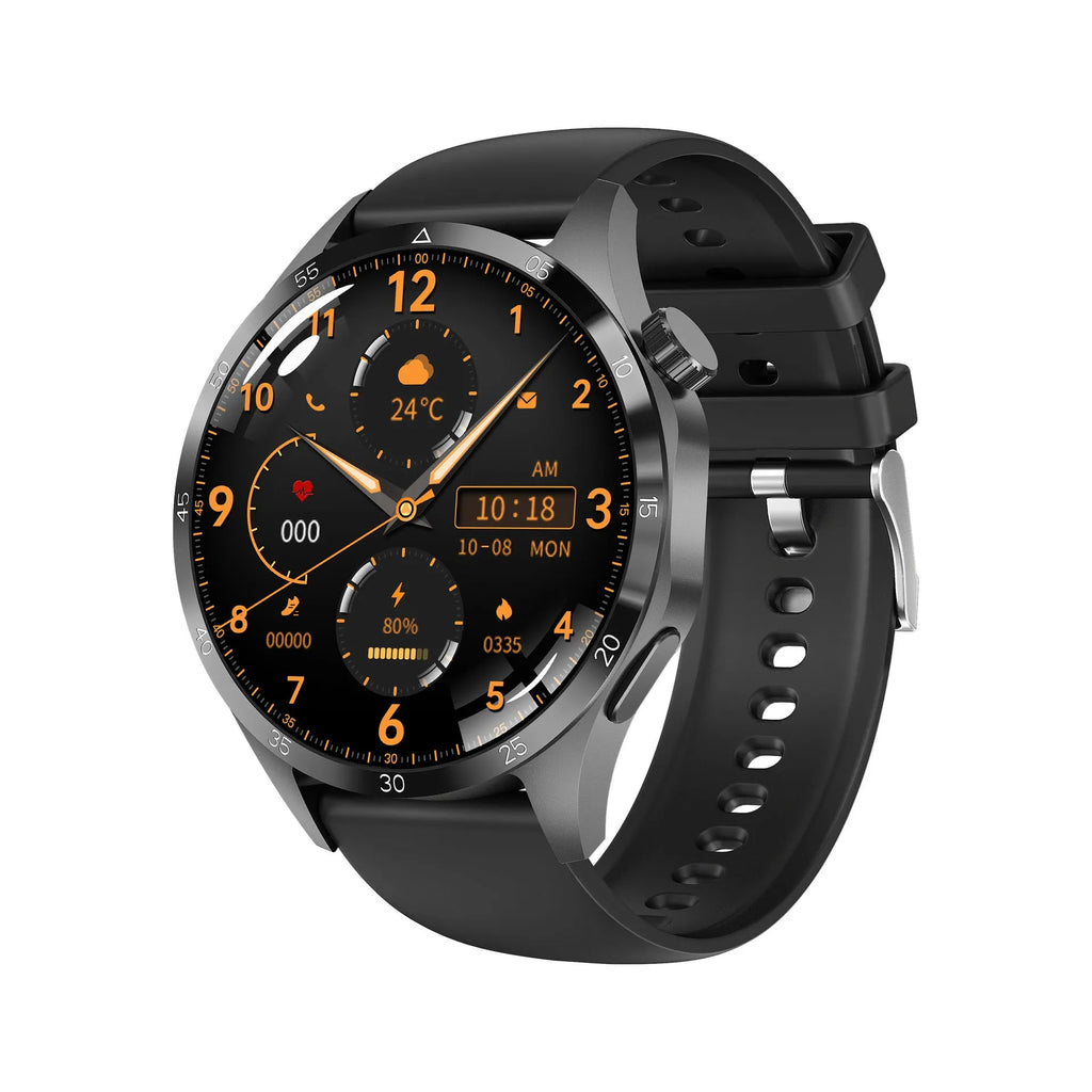 Black Bluetooth smartwatch with a touchscreen display, shown with both silicone and Milanese mesh strap options.