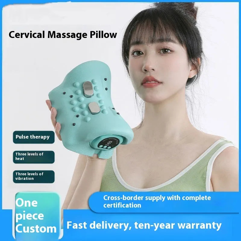 Blue-green portable neck massage pillow with hot compress and EMS therapy functions