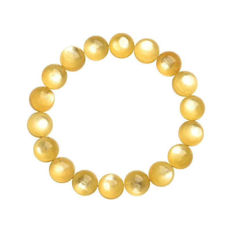 Yellow dragon gold lepidolite mica bead bracelet with geometric round beads on wrist