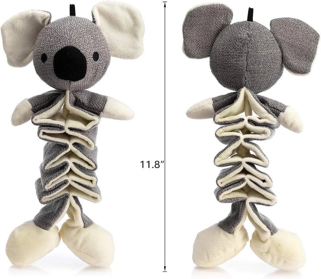 Gray koala squeaky dog toy with crinkle paper, measures 30cm long, for small medium large dogs