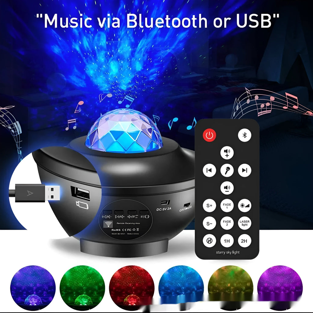 Black parallel finish star projector lamp with rotating water ripple laser effects on desktop