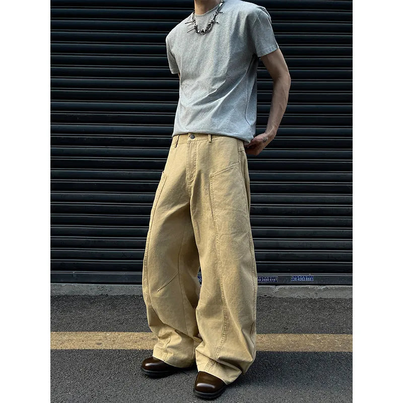 Men's khaki straight-leg casual cotton trousers on a white background.