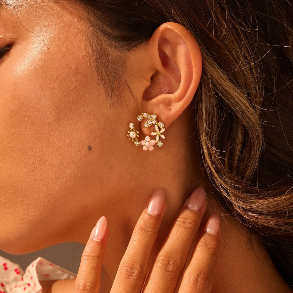 Flower stud earrings with colourful oil diamond finish on petal design, 18K stainless steel construction