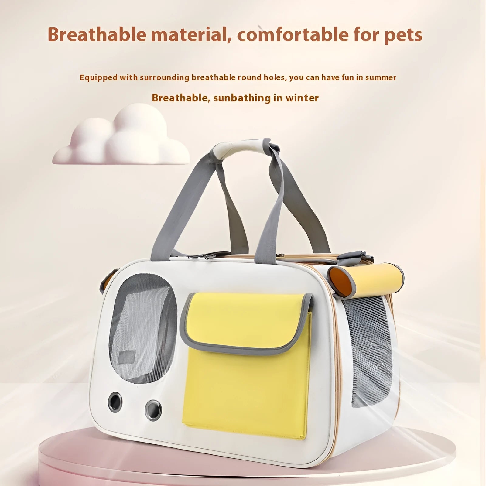 Foldable canvas pet carrier bag with shoulder strap shown in three colour options.