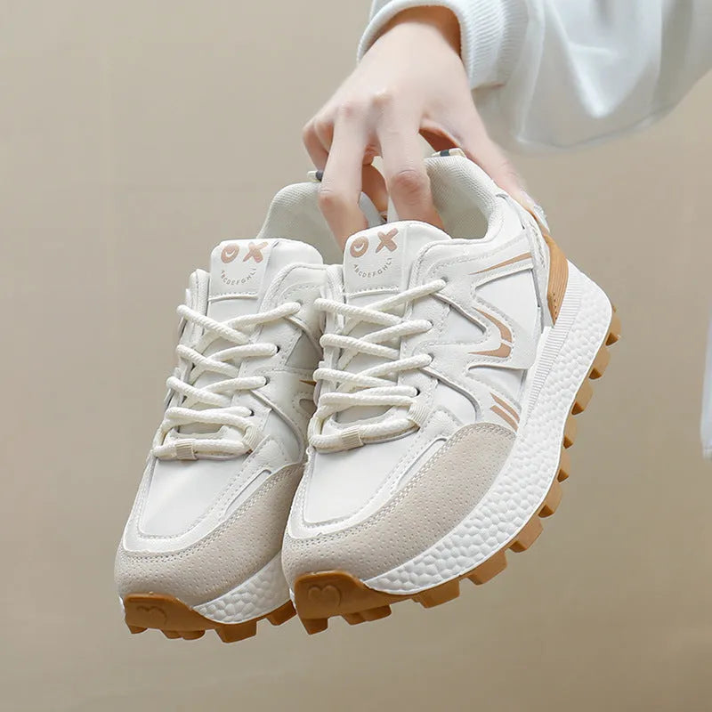 Women's black platform sports casual shoes with round toe and front lace-up design