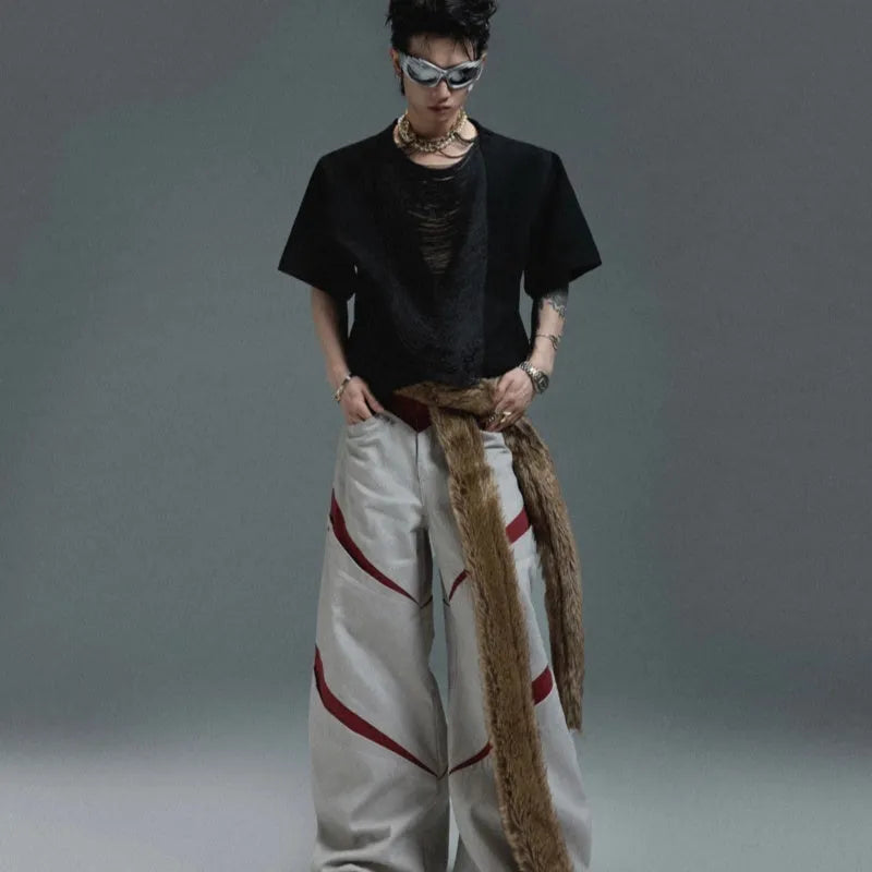 Men's black loose fit V-neck polyester T-shirt with short sleeves and tassel detailing