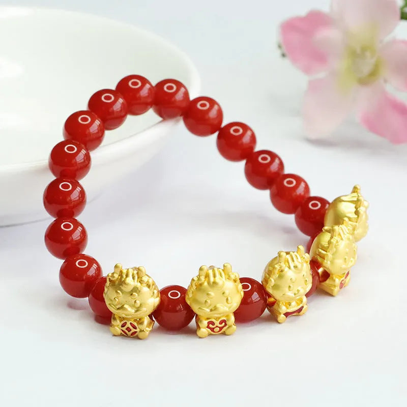 Red agate bracelet with Five Blessing Dragon design in Chinese style, 8mm beads