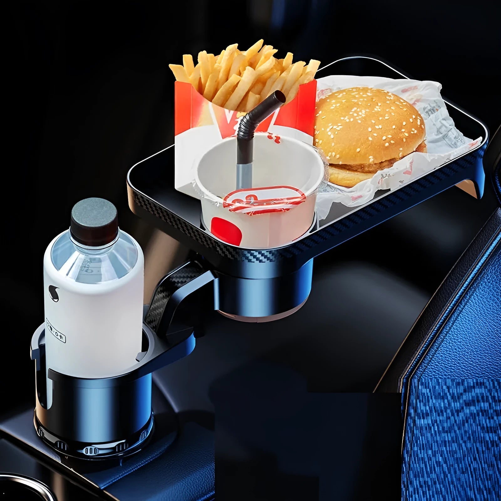 Black ABS plastic car-mounted rotating dinner tray holder showing 360-degree rotation mechanism