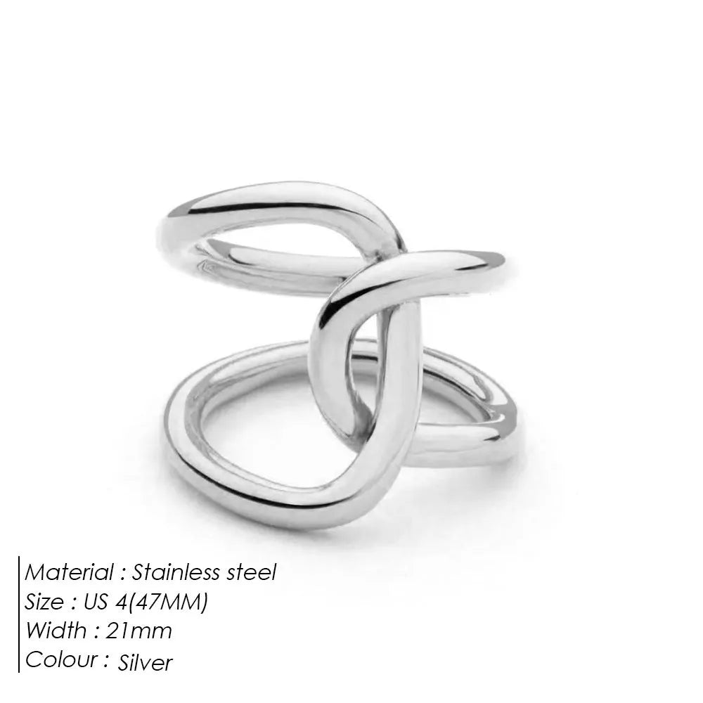 Adjustable geometric ring with knotted design in stainless steel showing U-shaped form and opening mechanism
