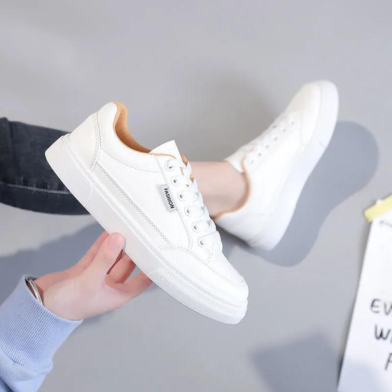 Korean style white and brown low top women's sneakers with artificial PU upper