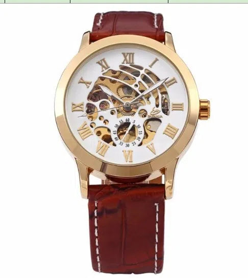 Men's automatic mechanical watch with hollowed-out round dial, 42mm alloy case, genuine leather strap, and transparent case back