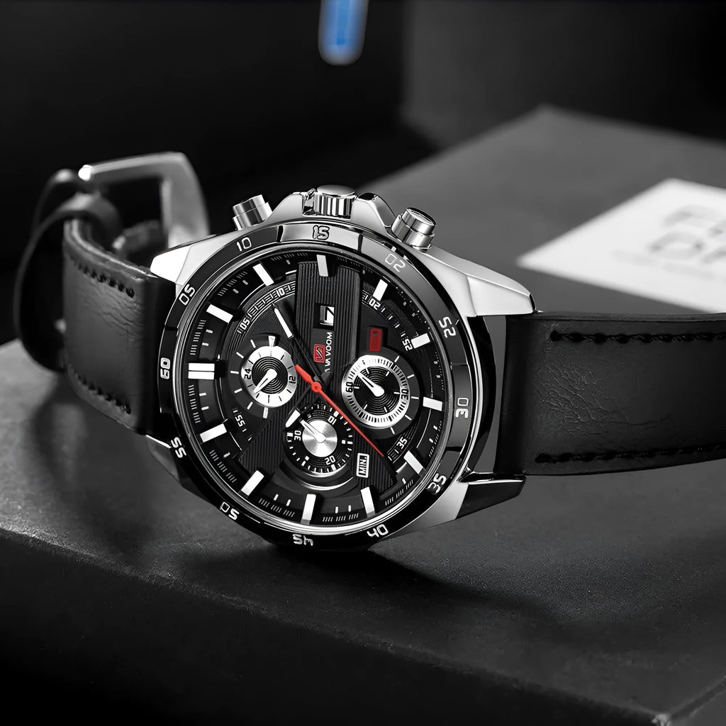 Men's casual quartz watch with leather strap and metal case in various colour combinations
