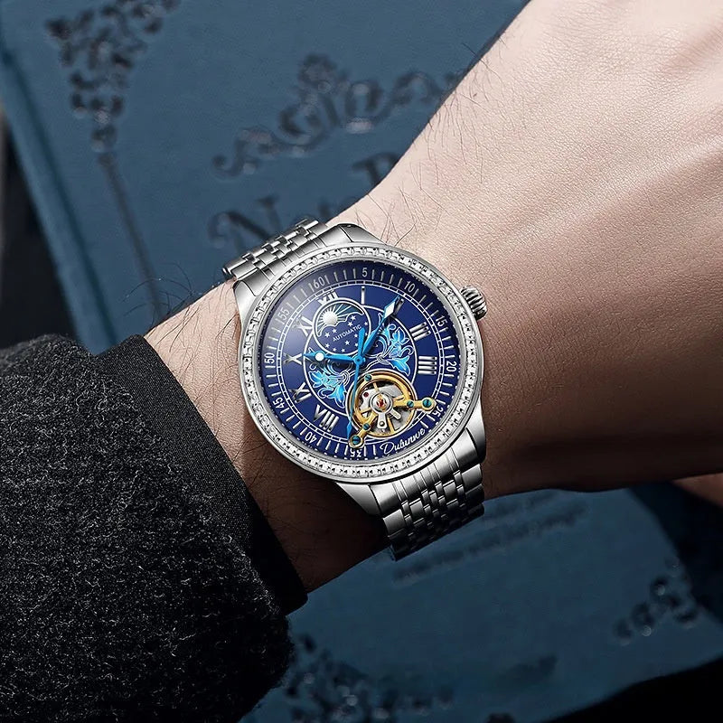 Men's stainless steel waterproof mechanical watch with a round dial and transparent case back.