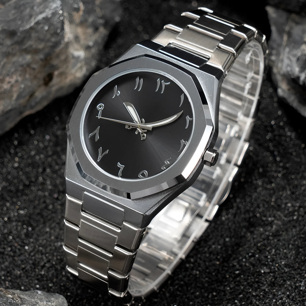 Men's steel belt business watch with quartz movement and 10mm thickness on wrist.
