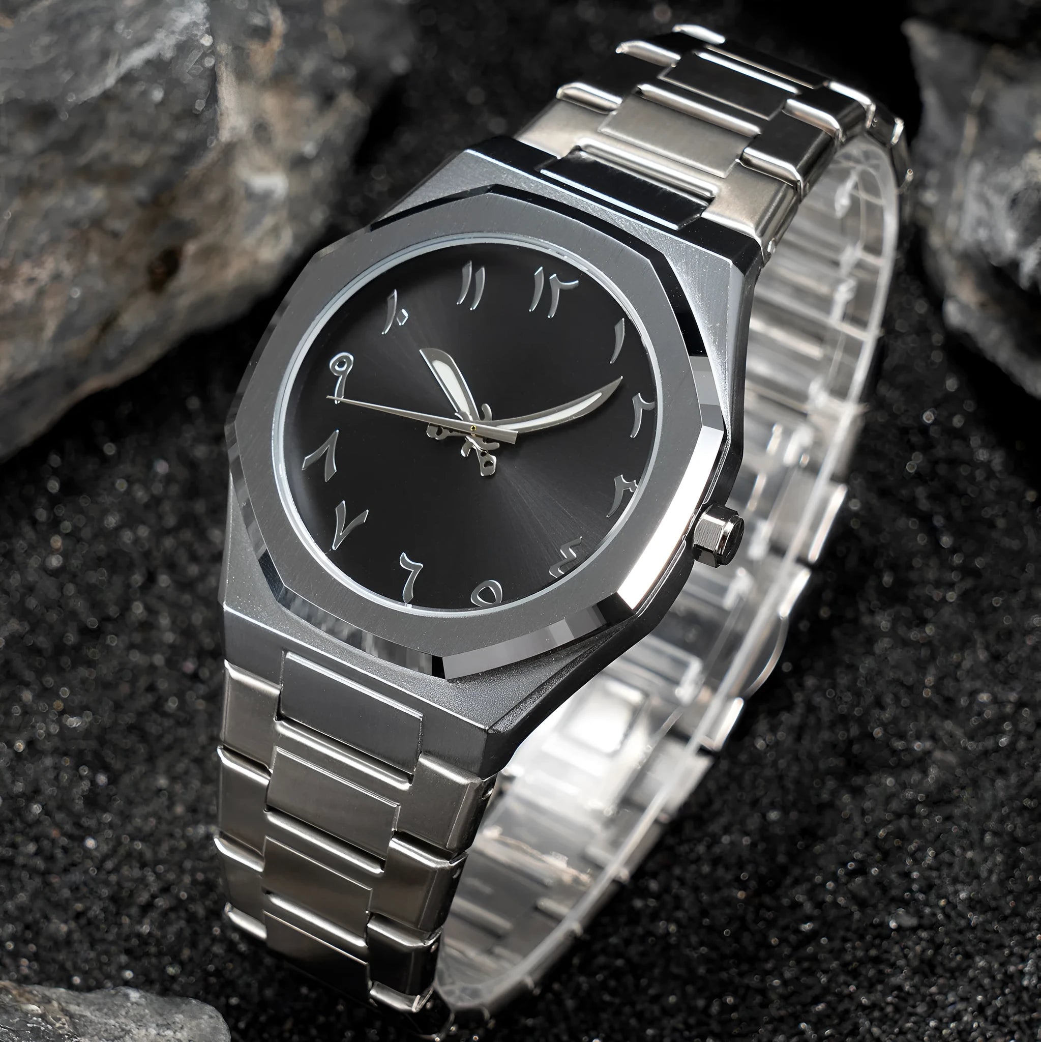 Men's steel belt business watch with quartz movement and 10mm thickness on wrist.