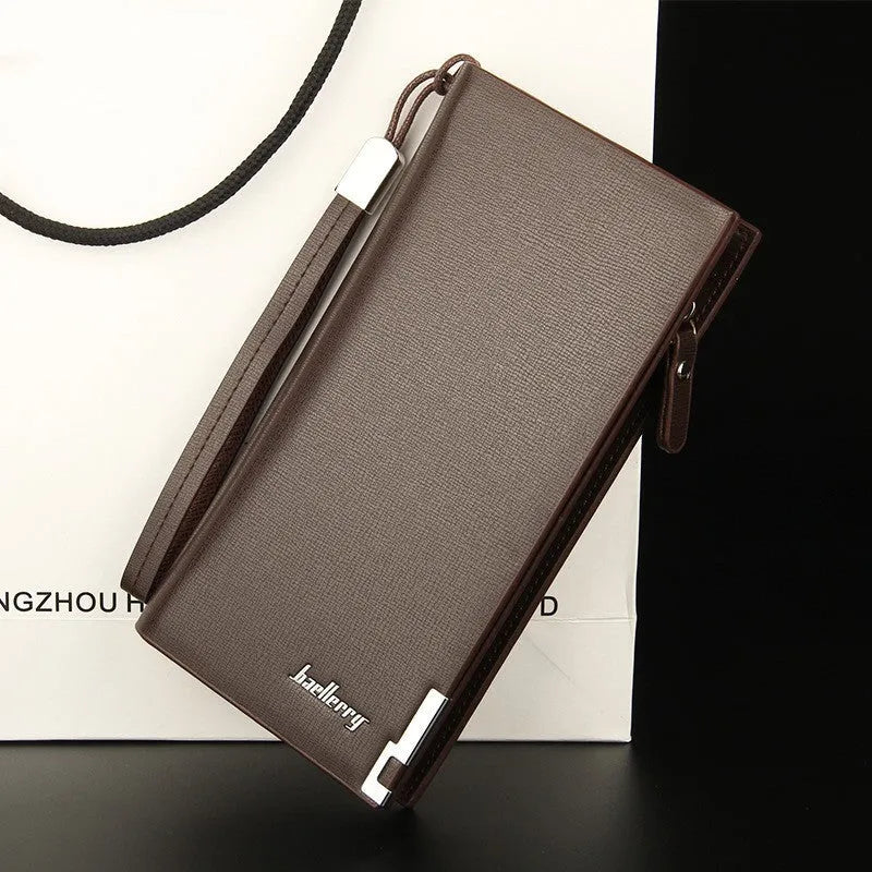 Men's black PU leather wallet with a long silver zip closure, shown open.