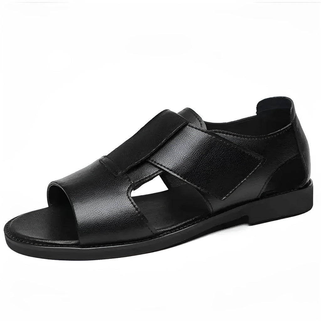 Men's black leather casual sandals with open toe design and non-slip rubber soles