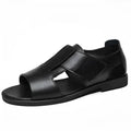 Men's black leather casual sandals with open toe design and non-slip rubber soles