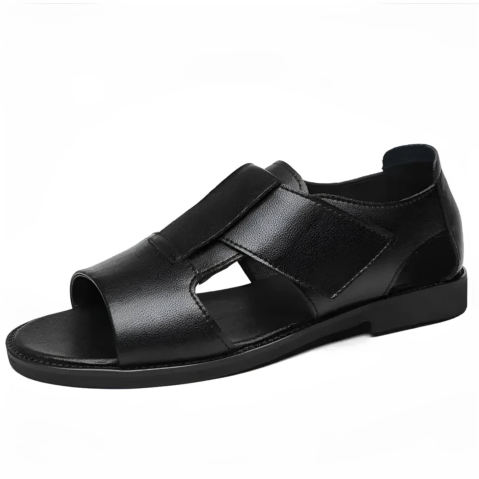 Men's black leather casual sandals with open toe design and non-slip rubber soles