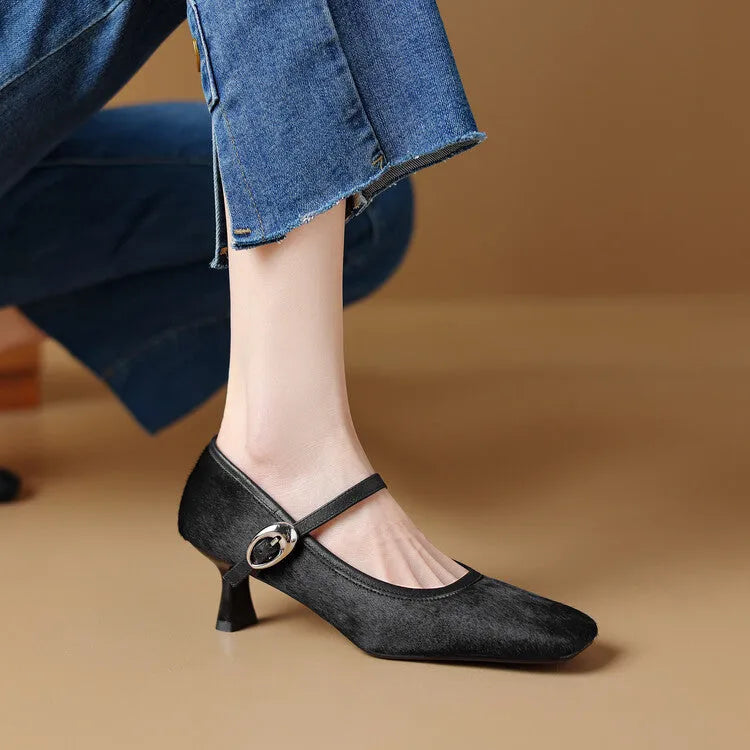 Women's black square toe stiletto ankle-strap heels with a horse hair upper and buckle closure.