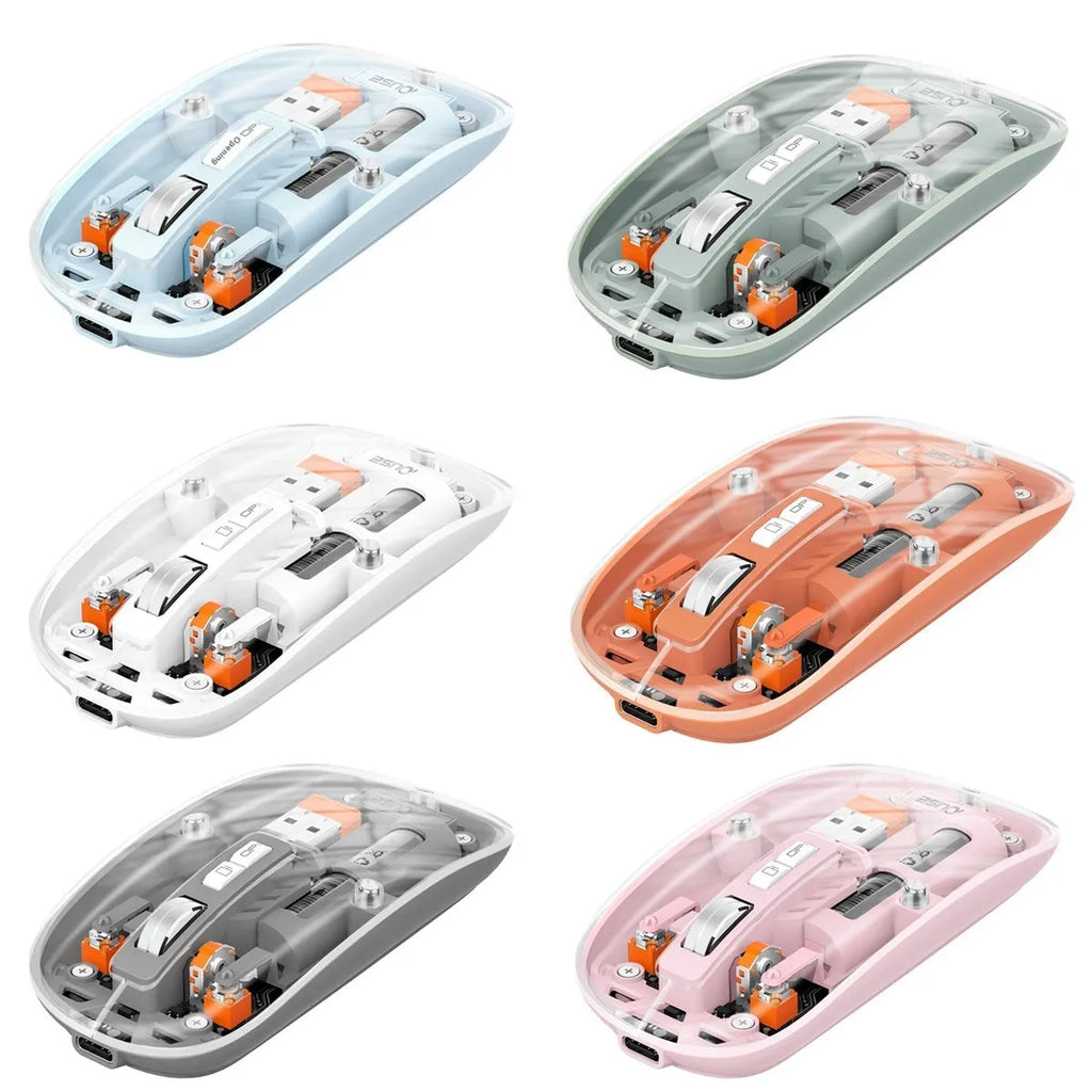 Transparent wireless mouse with USB receiver showing internal components