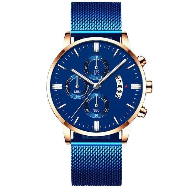 Men's stainless steel mesh band quartz watch showing analogue dial and choice of colour finishes.