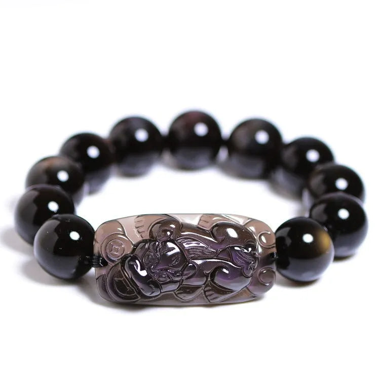 Natural icy obsidian Pi Xiu bracelet with double-eye ice stone colour on a geometric bead design.
