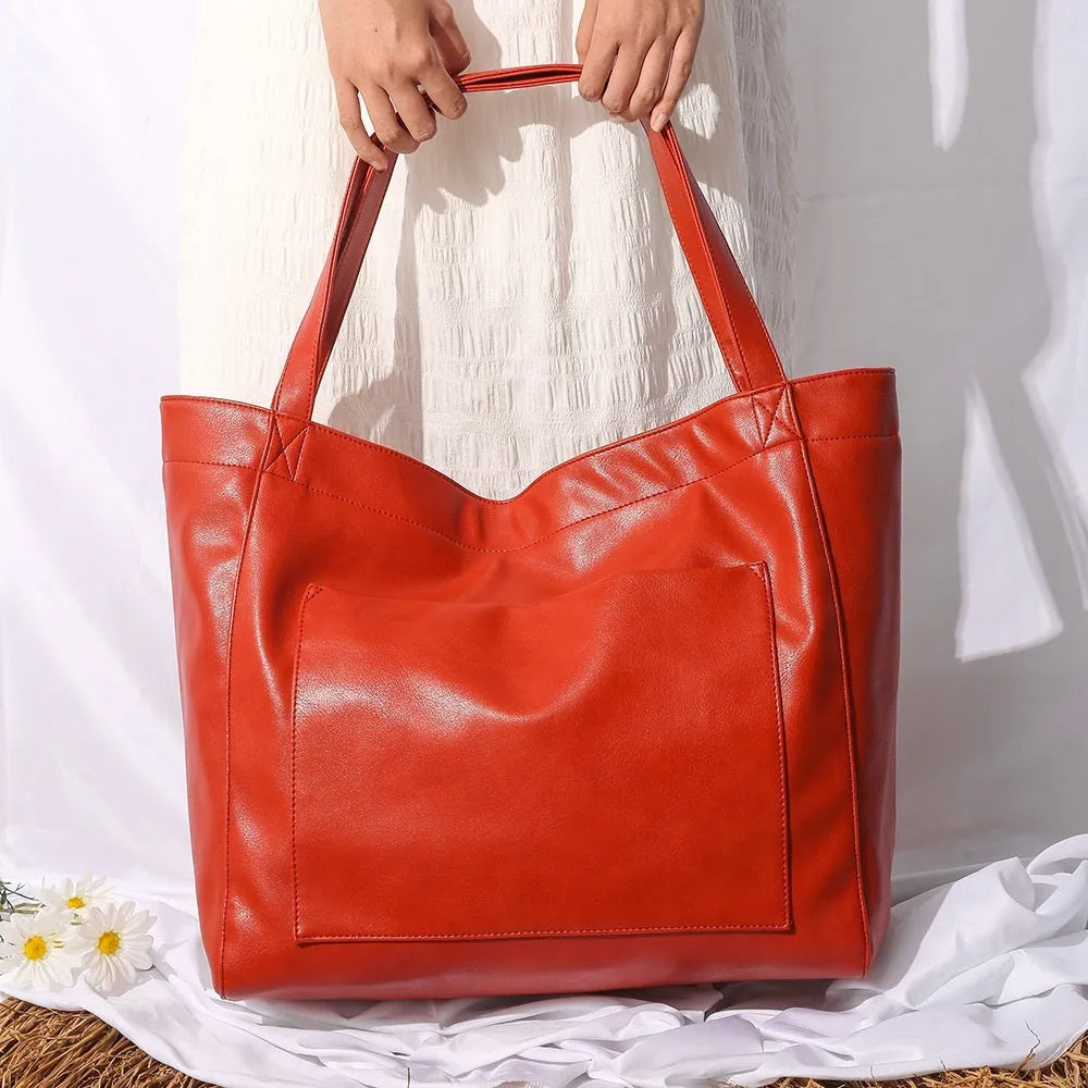 Large capacity oil wax PU tote bag for women in retro style, 40x13x32cm, brown colour