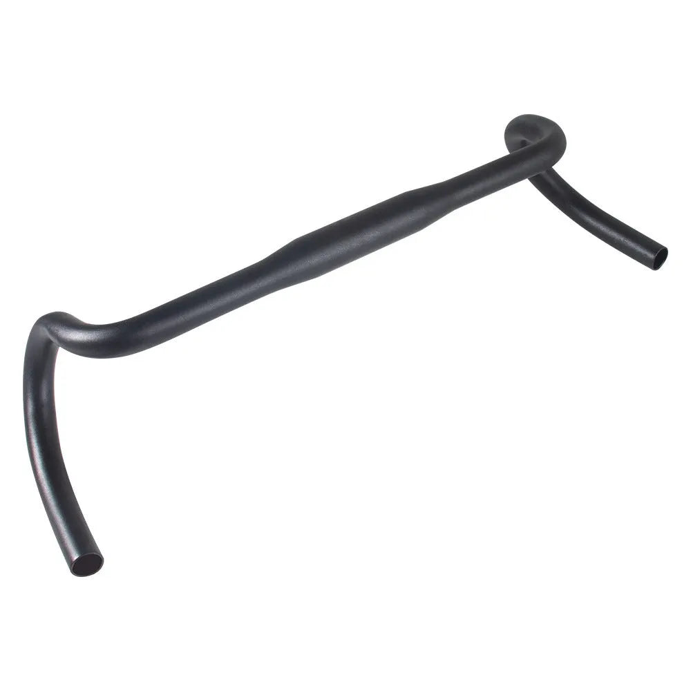 Black aluminium alloy road bike bent handlebar, 420mm wide with 31.8mm clamp.