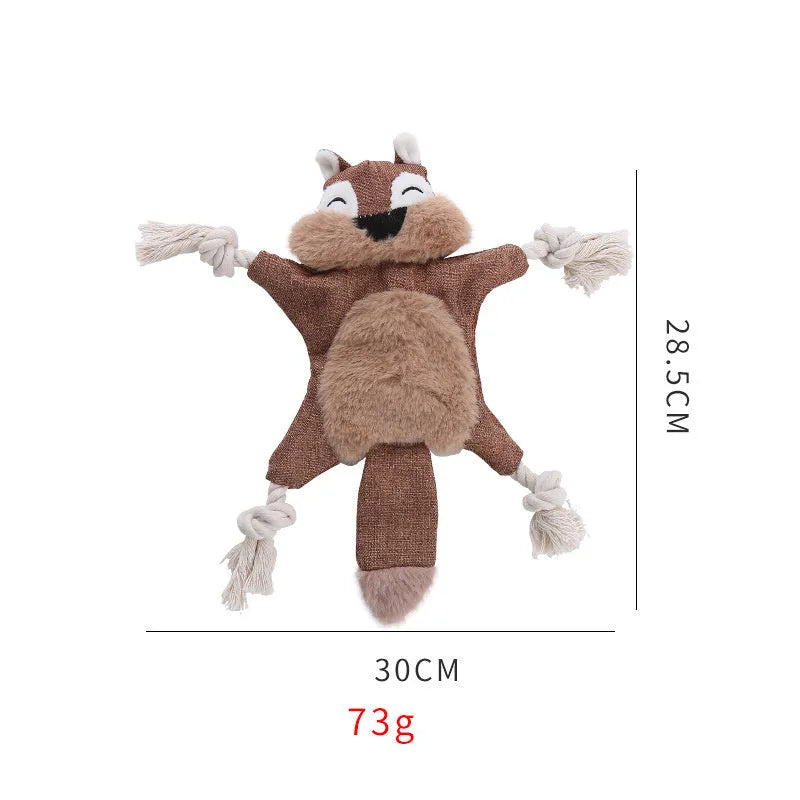 Brown fox-shaped dog toy with embroidered eyes, cotton rope through arms and legs