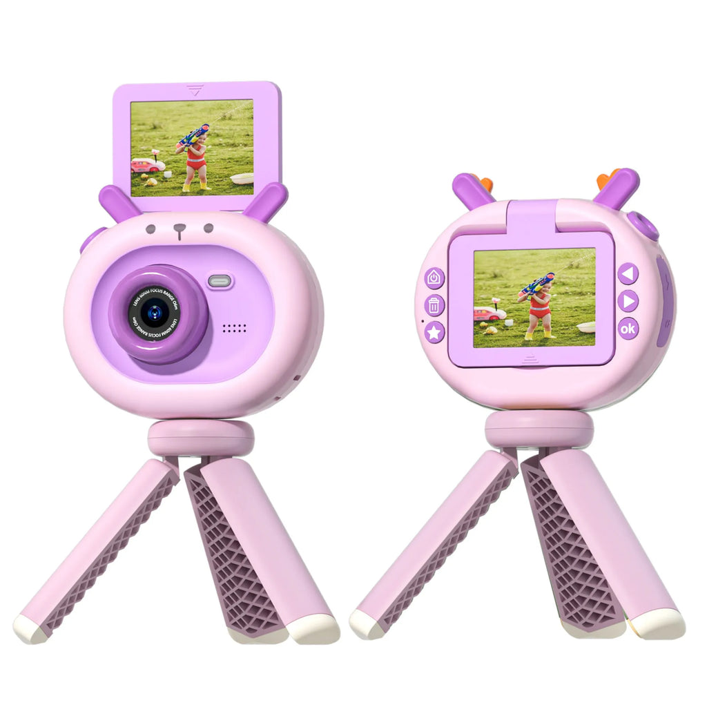 Purple children's digital camera with flip screen shown with silicone case and lanyard