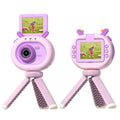 Purple children's digital camera with flip screen shown with silicone case and lanyard