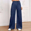 Light blue washed wide-leg jeans with straight leg cut and zip fly