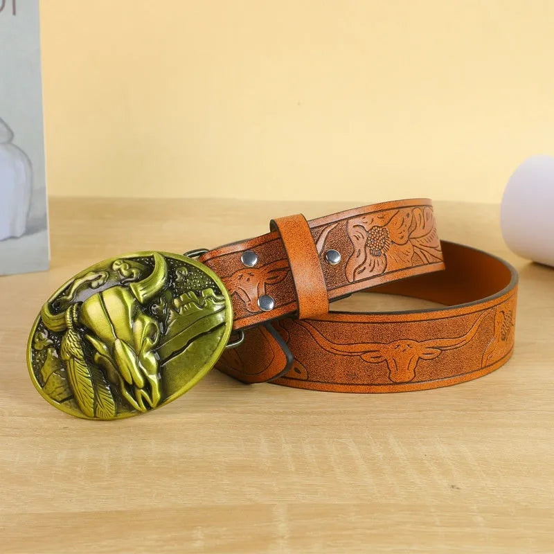 Men's brown imitation leather belt with a detailed metal cow head buckle and pin clasp.