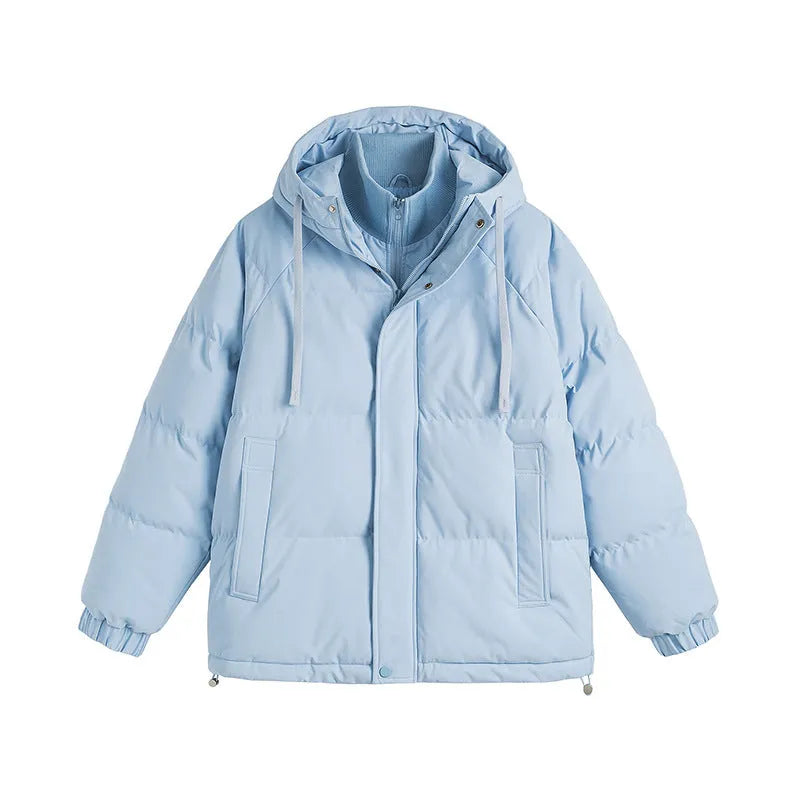 Loose beige two-piece cotton-padded cardigan jacket for men and women with side pockets.