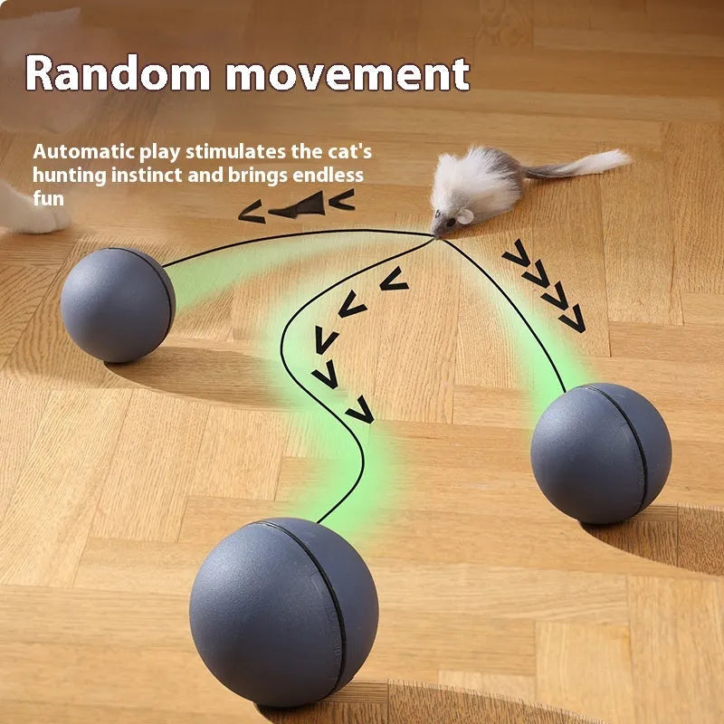 Automatic cat teasing ball with plush mouse in blue orange and dark grey colours