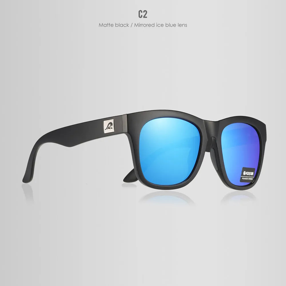 Polarised sunglasses with TAC lenses and PC frame for UV protection during outdoor activities.
