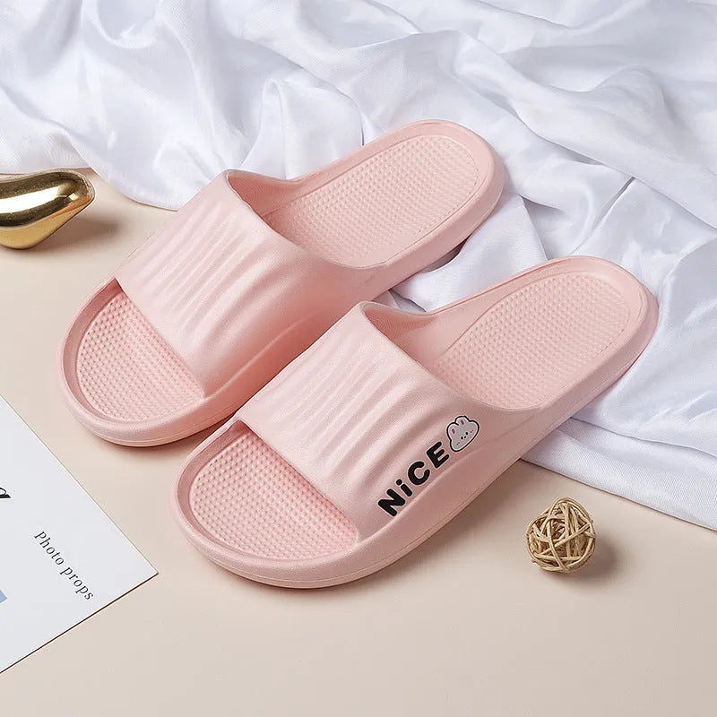 Minimalist cartoon pattern EVA flip flop slippers for household wear, shown in multiple colours.