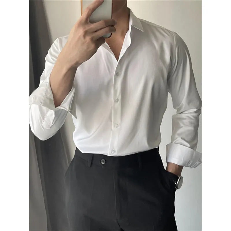Men's Korean slim fit cardigan-style shirt in solid black, grey, or white.