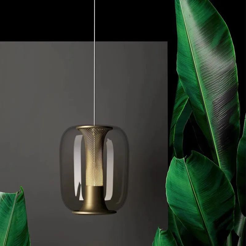 Minimalist Nordic style chandelier with glass globe shade in clear, cognac or smoky grey colour