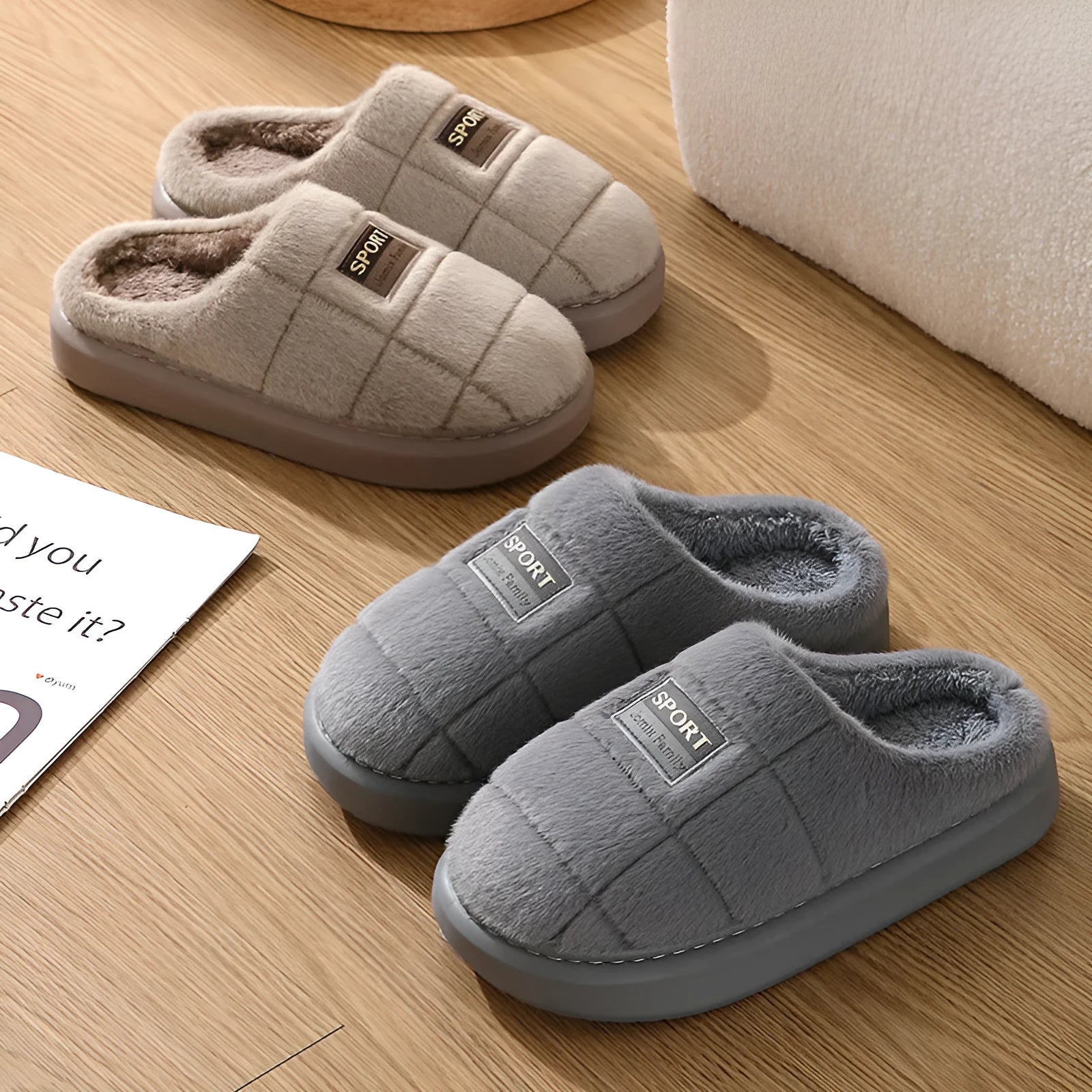 Men's grey thick-soled winter slippers with rabbit hair upper and textured sole.