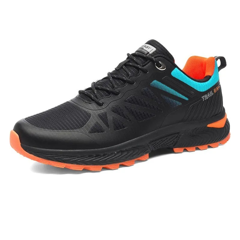 Men's black and orange mesh running shoes with round toe and lace-up front