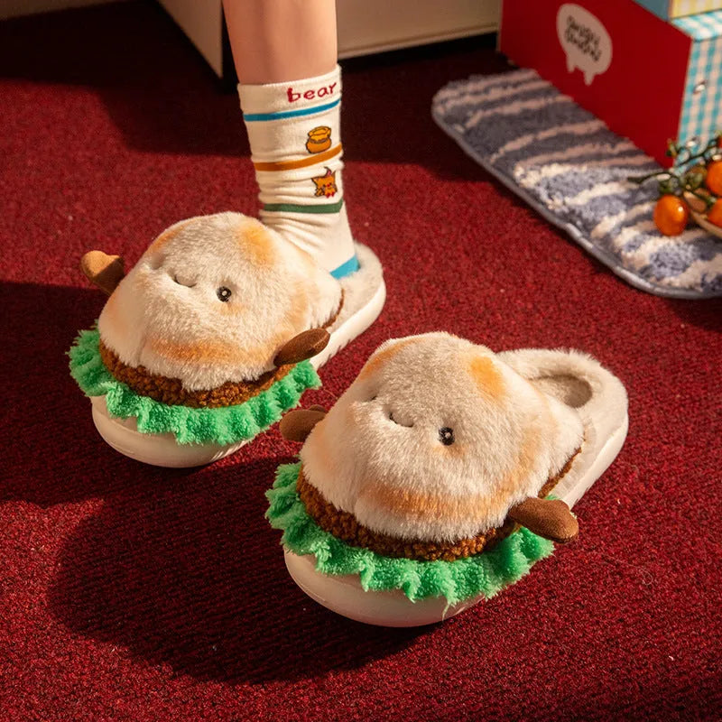 Pair of cotton slippers with suede upper, cartoon French fries print, and EVA sole for indoor use