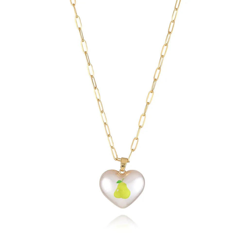 Fruit charm necklace with adjustable chain showing strawberry, pineapple, apple, pear and cherry pendant options