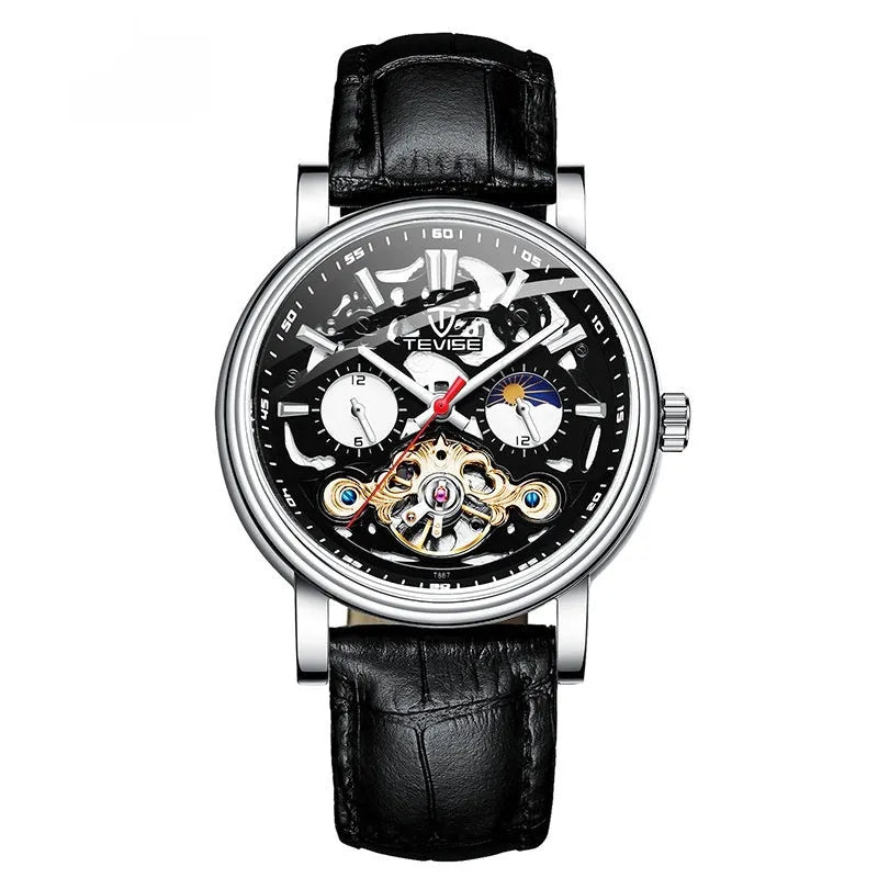 Men's casual tourbillon mechanical watch with luminous hands on a black leather strap.