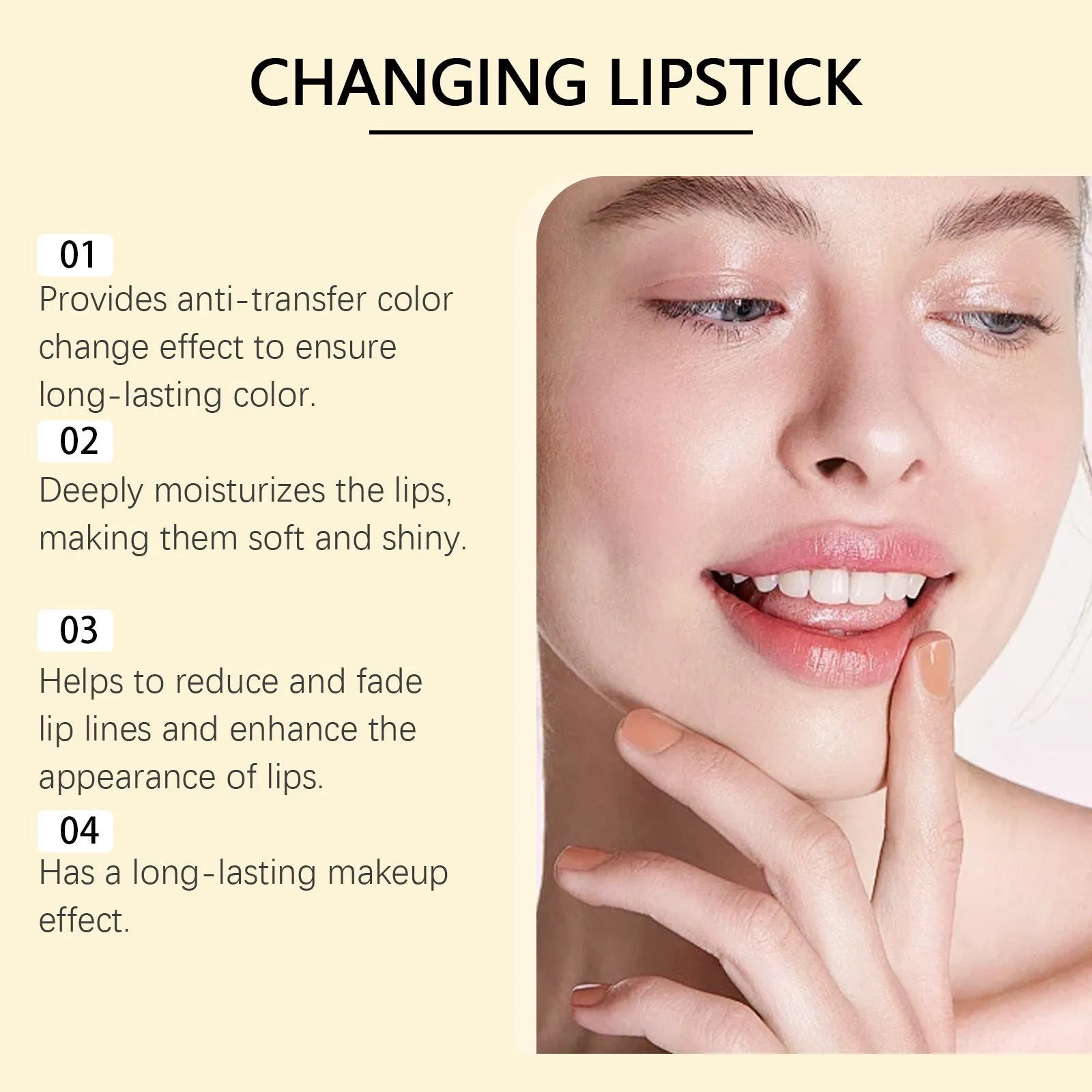 Gold foil packaged nourishing lipstick with 3.5g content containing hyaluronic acid and Vitamin E.