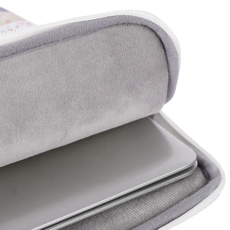White PU leather waterproof laptop inner sleeve for 14-inch devices, shown alongside other size options.