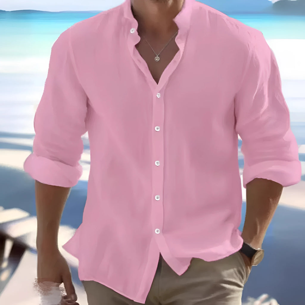 Men's white linen button-up summer beach shirt with collar on a hanger.