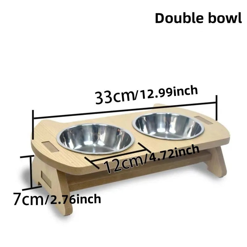 Wooden elevated cat feeder with two stainless steel bowls for food and water